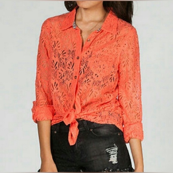 Volcom Orange Coral Peach floral Lace crochet knit Button down top small NWT - Picture 2 of 13